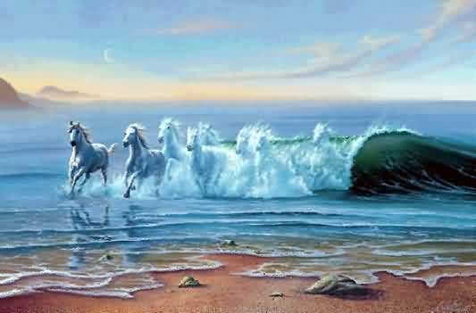 Horses, running out of the wave